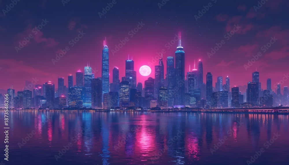 Obraz premium Night skyline city panorama with neon lights reflected in water. High rise buildings glow under moonlit sky creating urban metropolis atmosphere. Futuristic cityscape panorama view.
