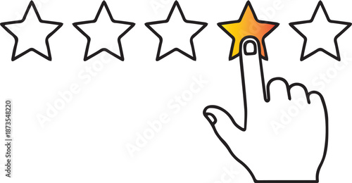 A minimalist line vector showing a hand with the index finger pointing at and selecting the fourth star in a five-star rating row, signifying a high-quality review or user feedback.