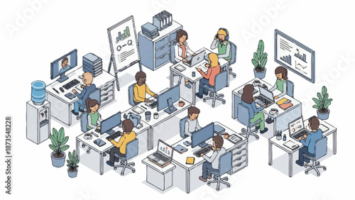 Isometric illustration of a modern office workspace with diverse employees working together.