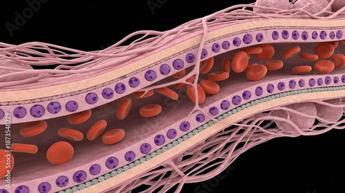 blood vessel with red blood cells and purple endothelial cells