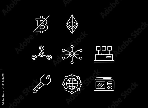 Collection of cryptocurrency and technology icons on a black background