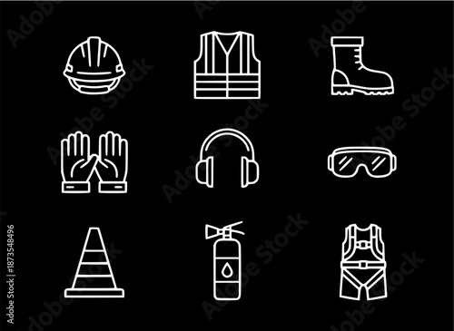 Safety equipment icons set against a dark background, featuring protective gear and accessories for workplace environments