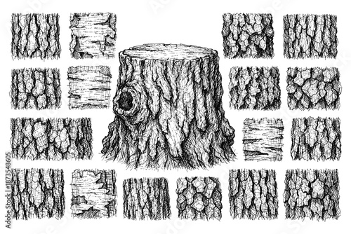 Hand-drawn tree bark and stump textures artwork in black and white