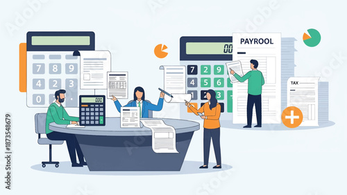 Accountants processing payroll and tax forms around a table with large calculators, receipts, charts