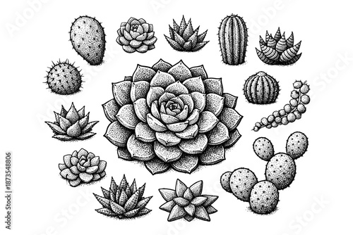 Black and white succulent collection with various cacti designs in ink illustration style