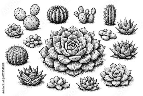 Black and white illustration of various cacti and succulents in dot art style
