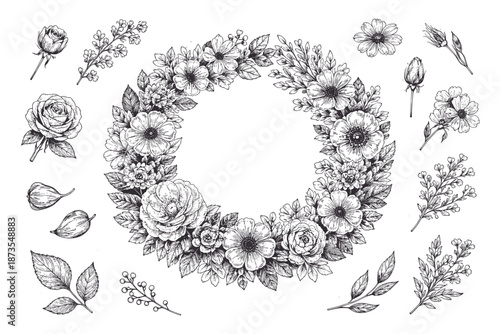 Intricate floral wreath with delicate leaves and buds in black and white