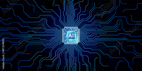 AI innovation concept.  Abstract digital background. Index human finger presses on a light blue AI chip or processor.  Artificial Intelligence concept. 3D low poly wireframe vector illustration.