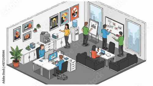 Modern office space with employees working collaboratively.