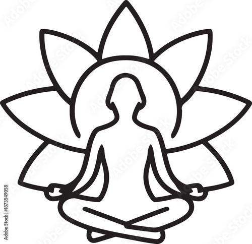 A person meditating in the lotus position within a flower outline