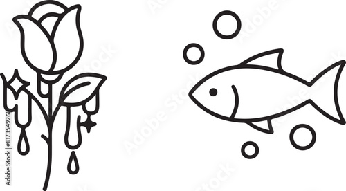 Simple black and white line drawing featuring a rose and a swimming fish