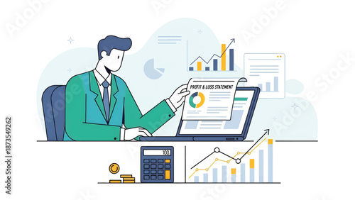 Businessman at desk reviewing profit and loss on laptop with charts, calculator and rising graphs...