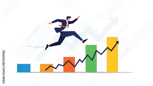 Businessman in navy suit leaping across rising colorful bar chart with zigzag growth arrow. upwardly
