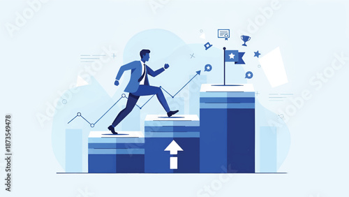 Businessman in suit strides up ascending platform bars toward a flag, trophy and growth. and success