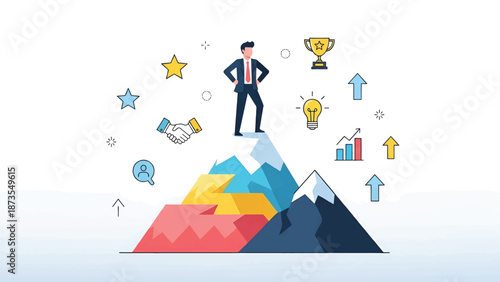 Businessman stands confidently atop layered colorful mountain peaks surrounded by icons of success.