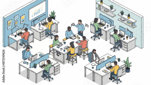Office workers collaborating at their desks in a modern workspace.