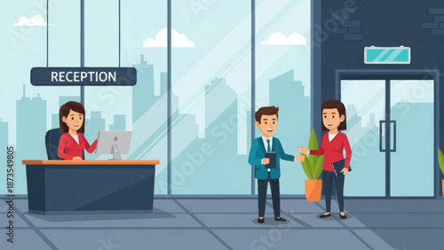 Professional office reception area with staff and visitors.