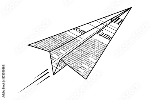 Conceptual illustration of a paper airplane crafted from newspaper text, symbolizing the swift spread of news and communication