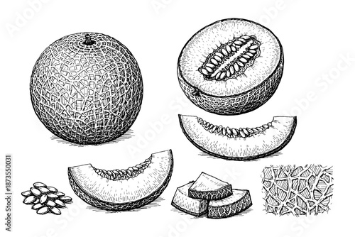 Hand-drawn melons and slices with seeds and skin details in black and white