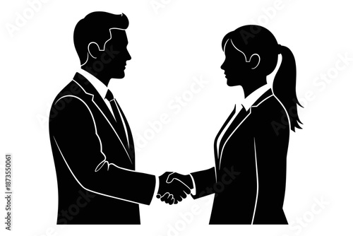 Professional business partners in a formal setting, shaking hands to finalize a deal, symbolizing agreement, partnership, and successful collaboration between individuals