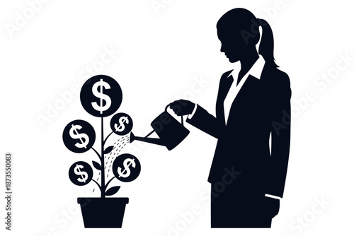 Businesswoman watering a money tree, symbolizing financial growth and investment strategies for career development and prosperity