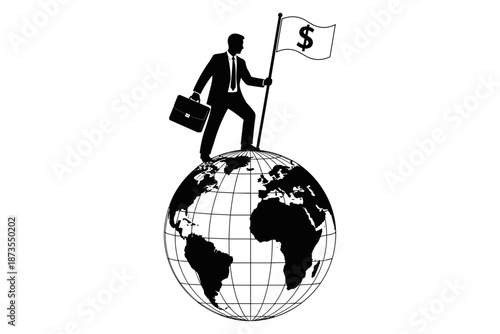 Global business success and expansion represented by a businessman planting a flag on top of the Earth