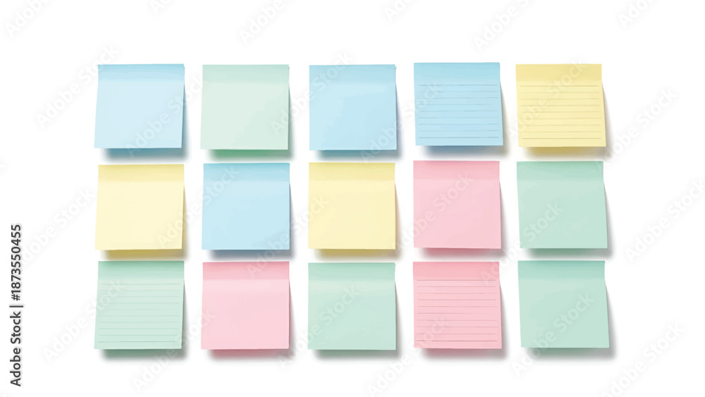 Fototapeta premium Fifteen pastel sticky notes arranged in a four-by-four grid, some lined, casting soft shadows. Image
