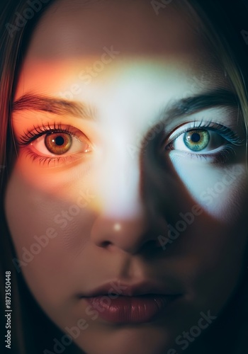 Young woman's face illuminated by dramatic spectrum light across her eyes and nose