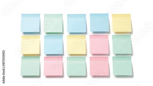 Fifteen pastel sticky notes arranged in a four-by-four grid, some lined, casting soft shadows. Image