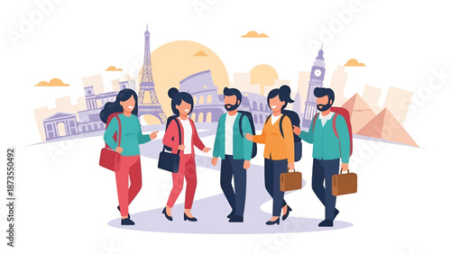 Five cheerful travelers with backpacks and briefcases walking together before iconic landmarks. Abroad