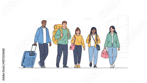 Five diverse travelers walking together in an airport terminal carrying bags backpacks, and luggage