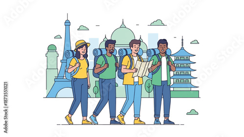 Four backpackers of varied backgrounds walk with maps past iconic global monuments on a skyline trip