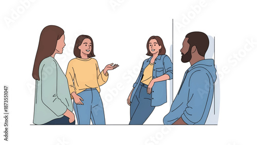 Four casually dressed people chat in relaxed poses across a white background, smiling and listening