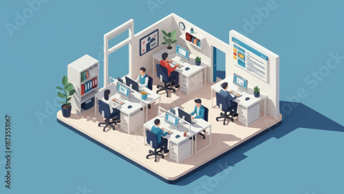 Isometric office workspace with employees working on computers and collaborating.