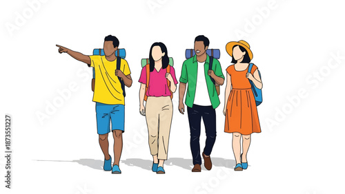 Four faceless travelers with backpacks walking together, colorful clothes, one pointing ahead boldly