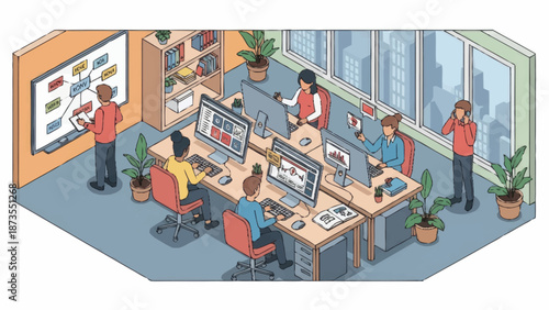 Team of professionals working together in a modern office space.