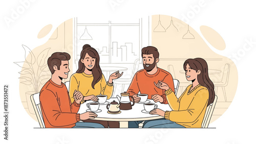 Four friends sitting at a round cafe table, sharing tea and conversation, warm indoor scene & smiles