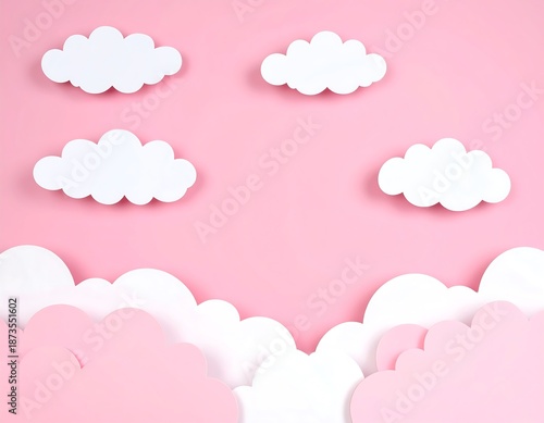 Pink background with fluffy white and pink paper clouds, creating a whimsical and dreamy scene