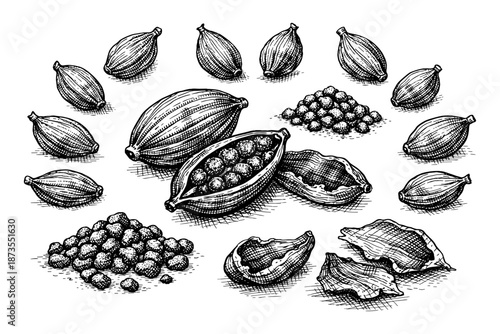 Hand-drawn cacao pods and beans illustration in vintage style