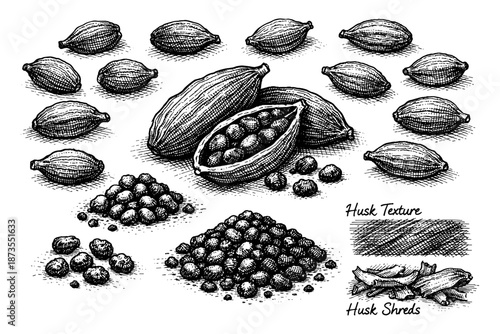 Hand-drawn cocoa beans and pods with husk textures and shreds