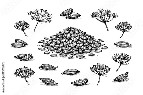 Black and white illustration of dill seeds and flowers surrounding a central seed pile