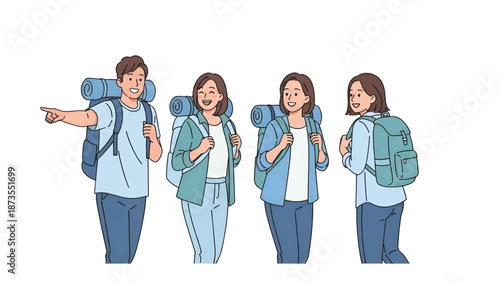 Four smiling young hikers with backpacks and rolled mats walking together, one pointing ahead today