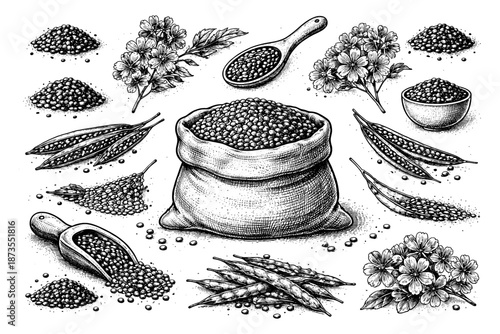 Vintage botanical illustration of flax seeds and linum flowers in detailed black and white