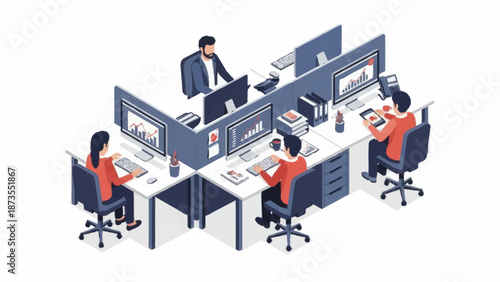 Office workers at their desks with computers and monitors.