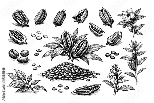 Botanical study of sesame plants and seeds in detailed black and white illustration