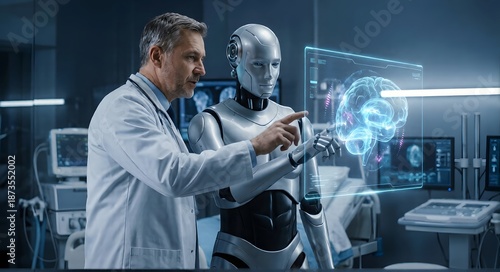 Doctor and humanoid robot collaborating to analyze a holographic human brain scan in a futuristic medical laboratory
