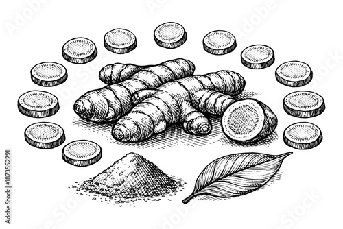 Hand-drawn turmeric roots and sliced circles with powder and leaf