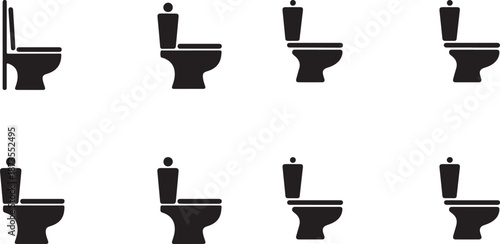 Seven black and white toilet in two rows bathroom plumbing