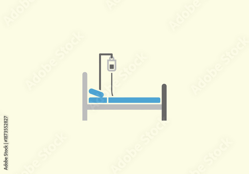 Vector Icon Concept Hospital Bed with IV Drip - Gray Frame, Blue Mattress and Pillow, Medical Treatment.
