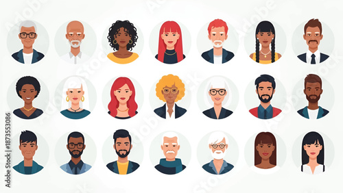 Grid of diverse circular avatars showing varied ages, ethnicities, hairstyles, expressions and smile